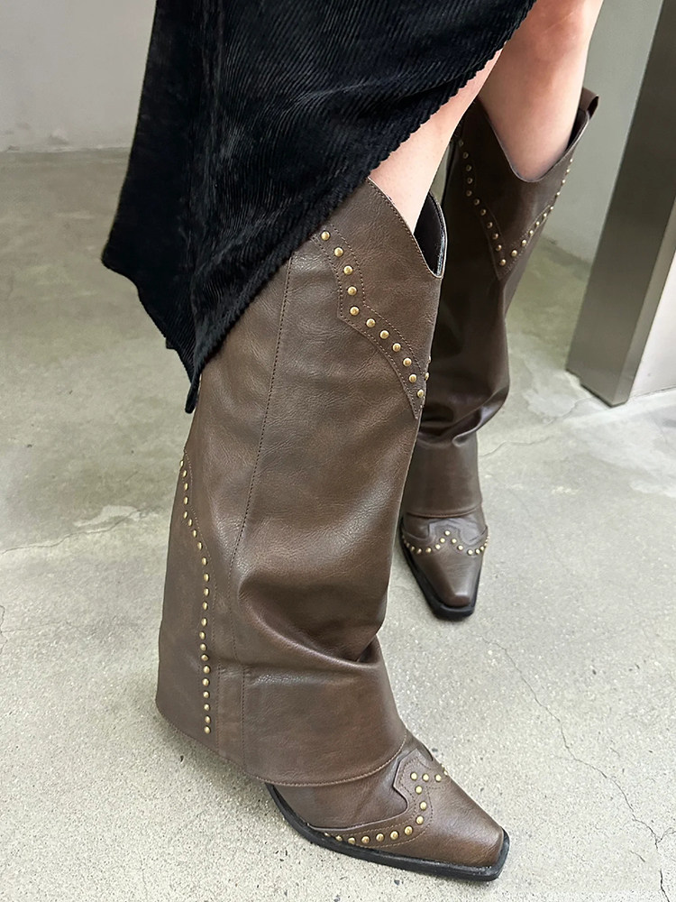 뾰족한 발가락 두꺼운 발 뒤꿈치 하이힐 하이 바지 부츠 대형 부츠 무릎 길이 이하의 부츠를 갖춘 여성용 리벳 레트로 롱 웨스턴 부츠