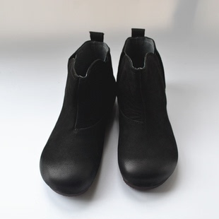 两侧松紧外贸出口真皮妈妈鞋一脚蹬春秋森女短靴头层牛皮全皮软底