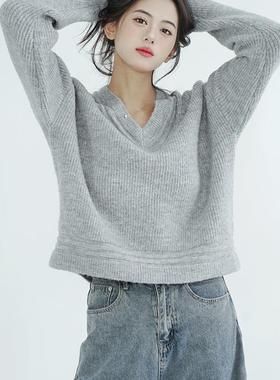 灰色鸡心领毛衣外套女款蓬松慵懒风宽松外穿打底针织衫上衣女