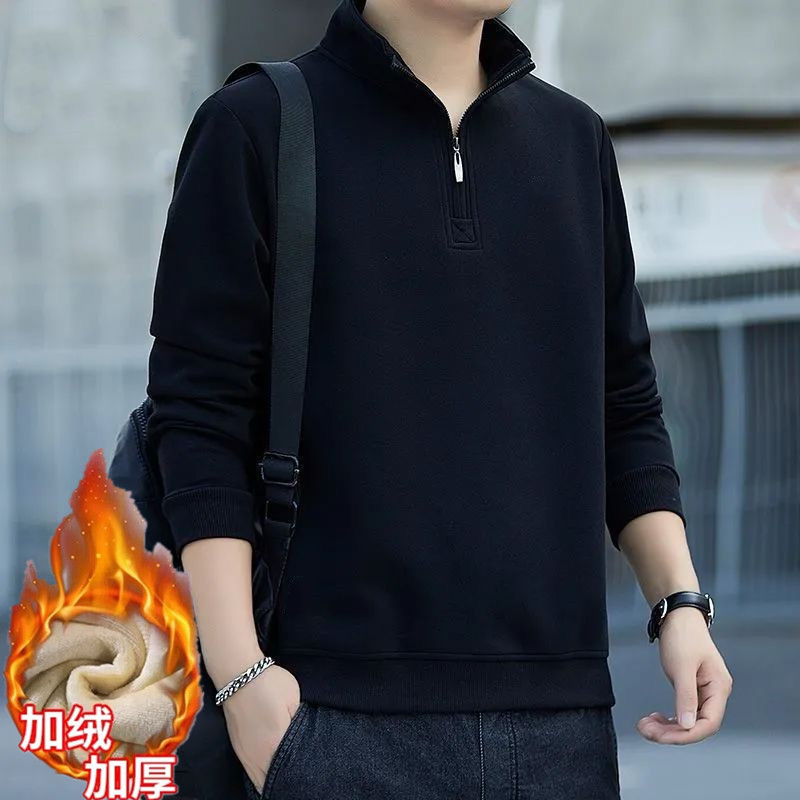 秋冬季加绒加厚卫衣男士立领半拉链长袖t恤商务宽松休闲套头上衣