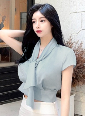 收腰V飘带短袖蓝色领韩国衬衫女潮百搭短款休闲夏季上衣纯色chic