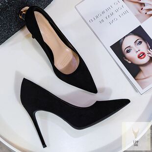 绒面小众感黑色尖头细跟高跟鞋 2024清仓春夏季 女浅口韩版 单鞋 新款