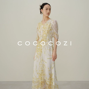 夏季 法式 女收腰显瘦真丝裙子 cococozi 复古碎花v领连衣裙2023新款