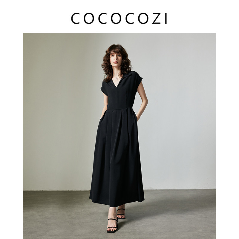 COCOCOZI【高知通勤】法式气质小飞袖显瘦修身款翻领连衣裙女夏