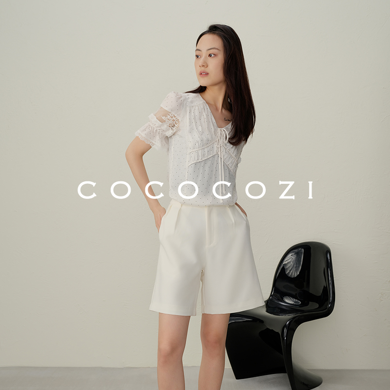 COCOCOZI设计感短袖V领桑蚕丝衬衣夏季女透感泡泡袖印花衬衫上衣