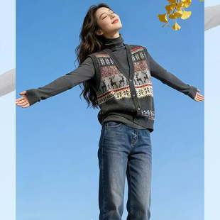 复古费尔岛风麋鹿提花开衫女V领纽扣针织背心叠穿毛衣