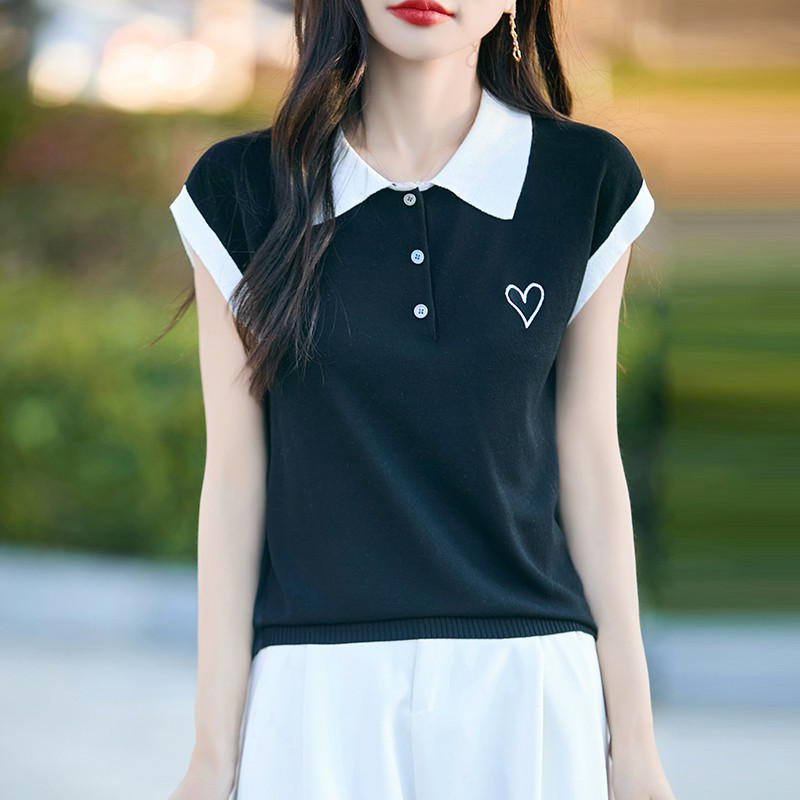 通勤风撞色polo领针织衫女春夏冰丝短袖爱心刺绣套头上衣洋气减龄