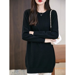 2026新款百分百纯棉线中长款毛衣打底衫女秋冬七针加厚圆领针织衫