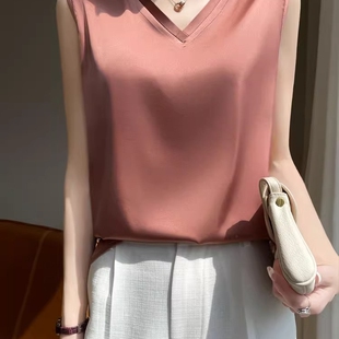 春夏真丝吊带背心女V领无袖 T恤桑蚕丝春打底内搭上衣白色外搭西服