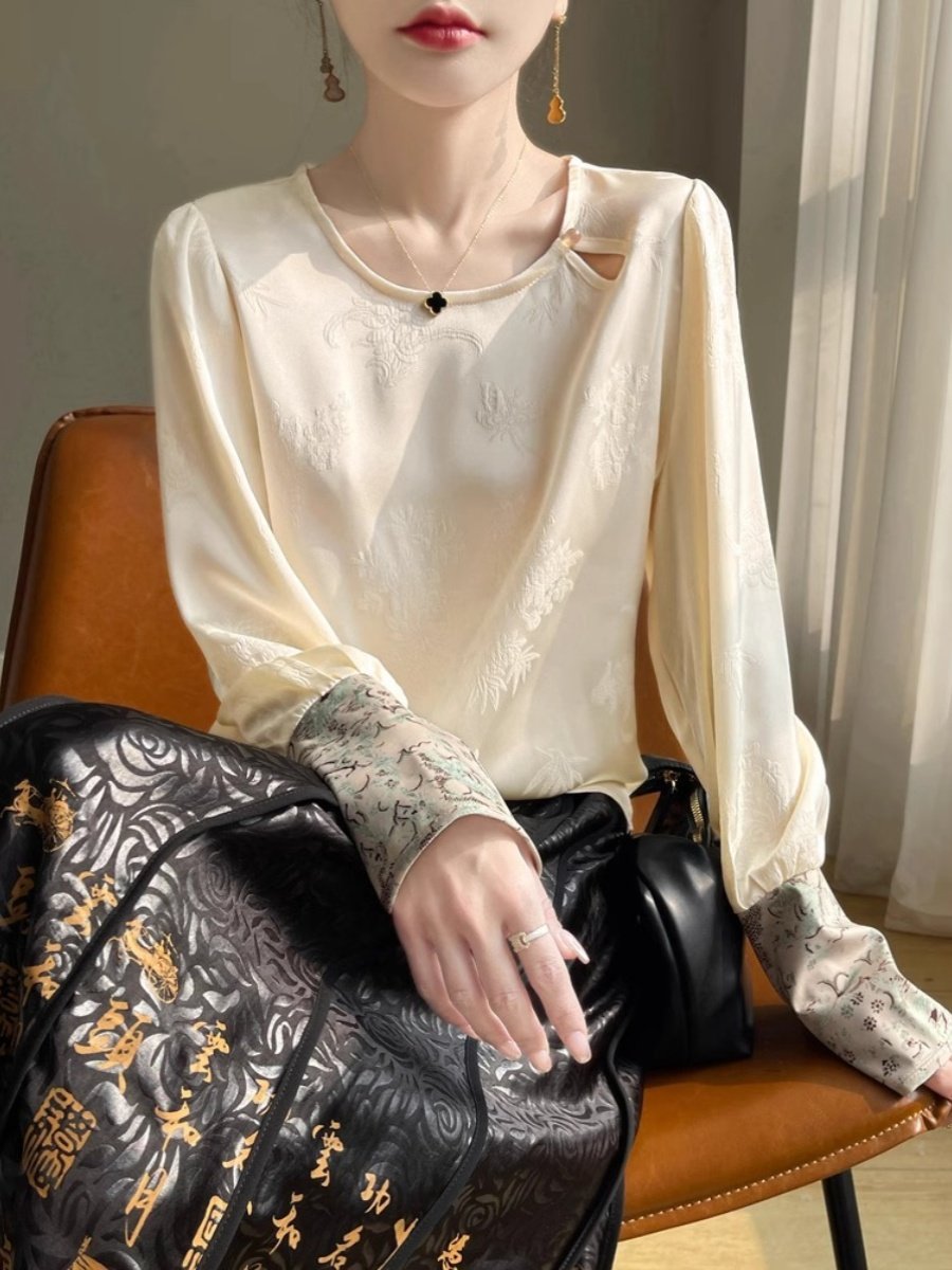 国风提花真丝上衣女春2025新款盘扣新中式复古拼长袖桑蚕丝衬衫,女装/女士精品,真丝上装,淘宝优惠券,粉丝福利购,淘宝优惠卷