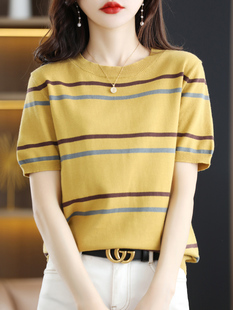 条纹纯棉线短袖t恤 女针织打底衫女夏季新款拼色圆领半袖短款上衣