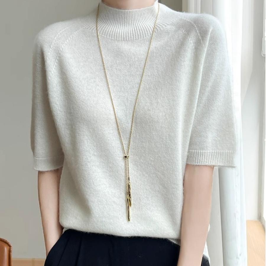 25年春款经典百搭半高领羊毛针织衫短袖简约气质套头女上衣打底衫