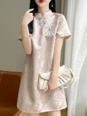 国风新中旗袍真丝短袖 连衣裙女立领盘扣长裙复古提花中长A字裙