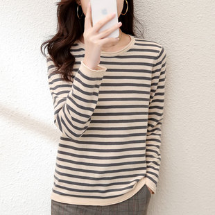 纯棉低圆领毛衣女士秋季条纹上衣内搭加厚打底衫新款长袖百搭