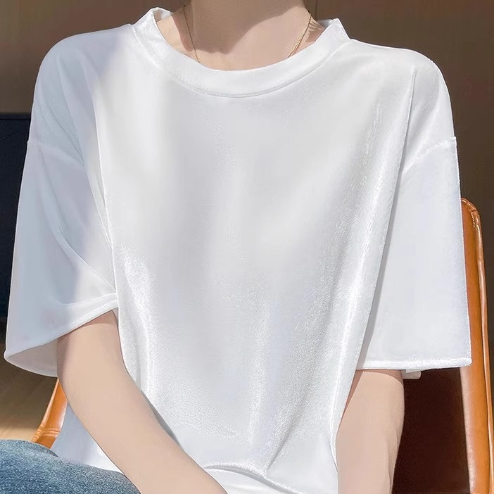 高级感醋酸丝绒短袖女2025年春季新款宽松轻奢休闲显瘦打底上衣