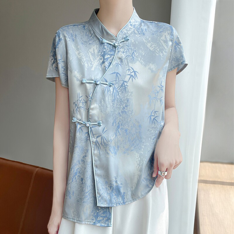 新中式国风立领盘扣短袖醋酸缎面上衣女春夏印花气质百搭洋气衬衫