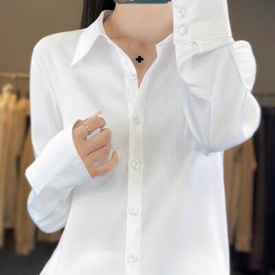 高级醋酸缎面POLO领长袖衬衫女轻奢小众气质收腰中长款西装连衣裙