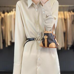 西装 女轻奢小众气质收腰中长款 连衣裙 衬衫 高级醋酸缎面POLO领长袖
