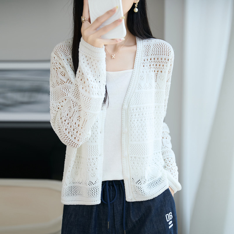 镂空V领天丝亚麻针织衫女长袖薄款开衫夏季外搭百搭透气显瘦毛衣