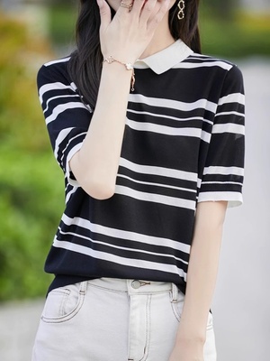 条纹短袖t恤女2025春季新款翻领针织衫宽松显瘦冰丝薄款上衣体恤