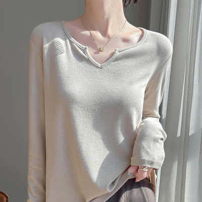 春季薄款V领长袖针织打底衫女