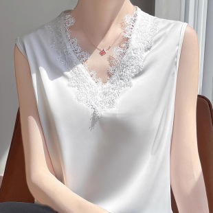 蕾丝V领真丝缎面背心吊带女显瘦醋酸桑蚕丝2025年春西装 打底上衣