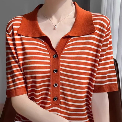 天丝Polo领短袖针织T恤女夏款