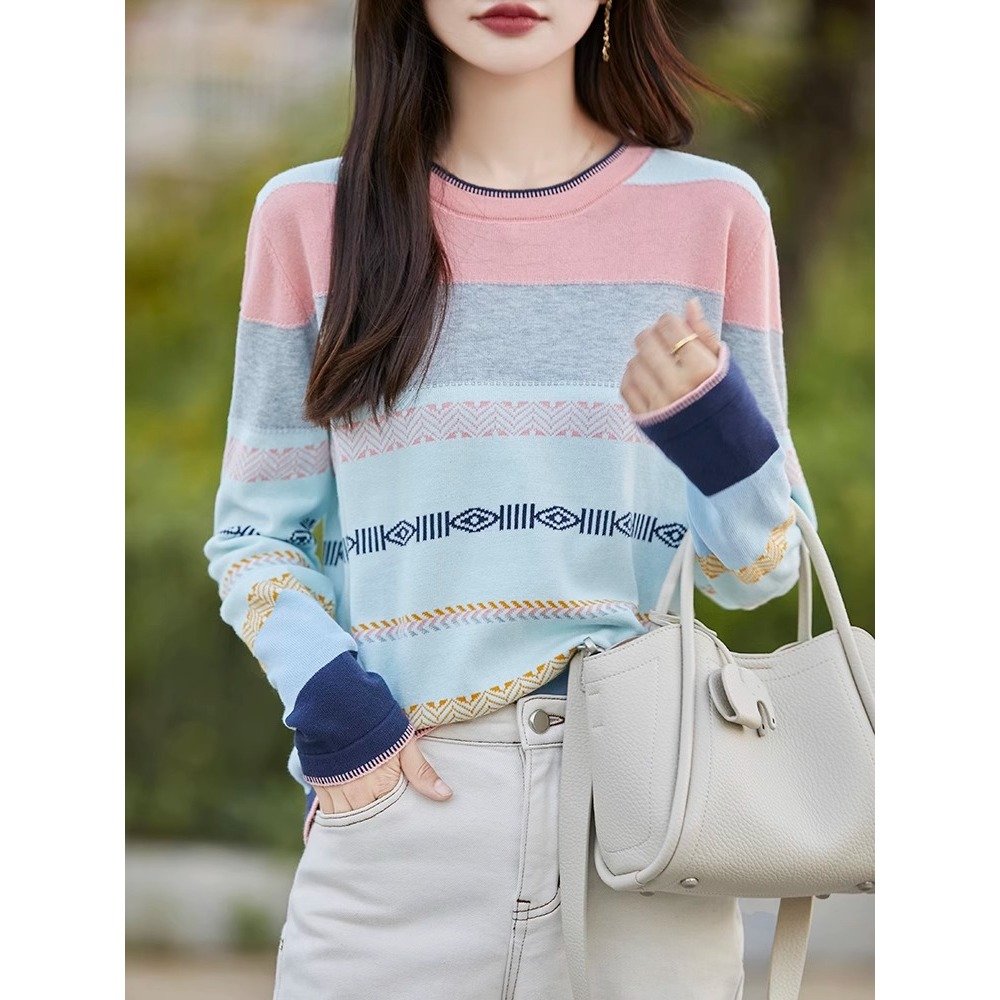 套头圆领套头条纹针织衫