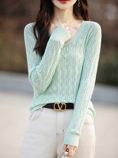 春季新款纯棉线V领镂空针织打底衫女薄款长袖套头毛衣全棉上衣潮