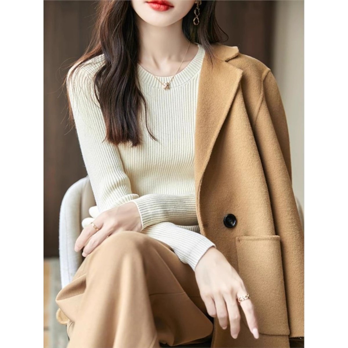 冬季新款圆领纯棉线毛衣女士修身显瘦针织打底衫配大衣内搭纯色全