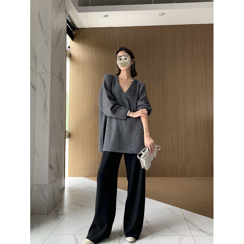 V领纯色长袖针织打底显示羊毛衫