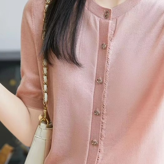 2025夏季新款时尚圆领流苏边针织短袖t恤女开衫纯色半袖打底衫潮