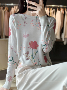 上衣女 精纺羊毛桑蚕丝印花圆领中国风针织宽松打底衫 2026春季 新款