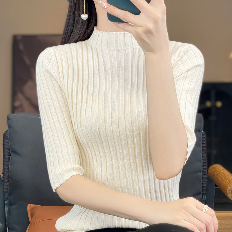 通勤风半高领纯棉线五分袖针织衫女修身显瘦套头螺纹毛衣打底衫