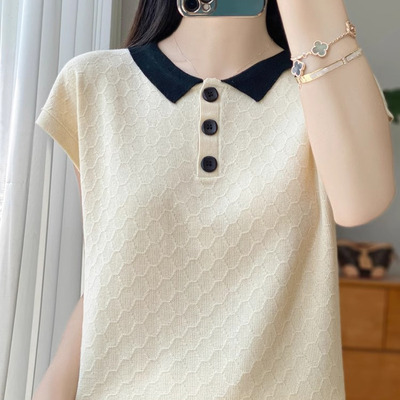 短袖T恤2025春新款翻领宽松拼接大码女装春季薄款冰丝针织衫上衣