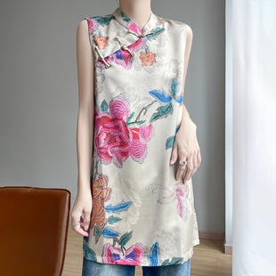 立领盘扣印花中长裙洋气百搭 旗袍女夏季 新中式 复古风醋酸缎面无袖