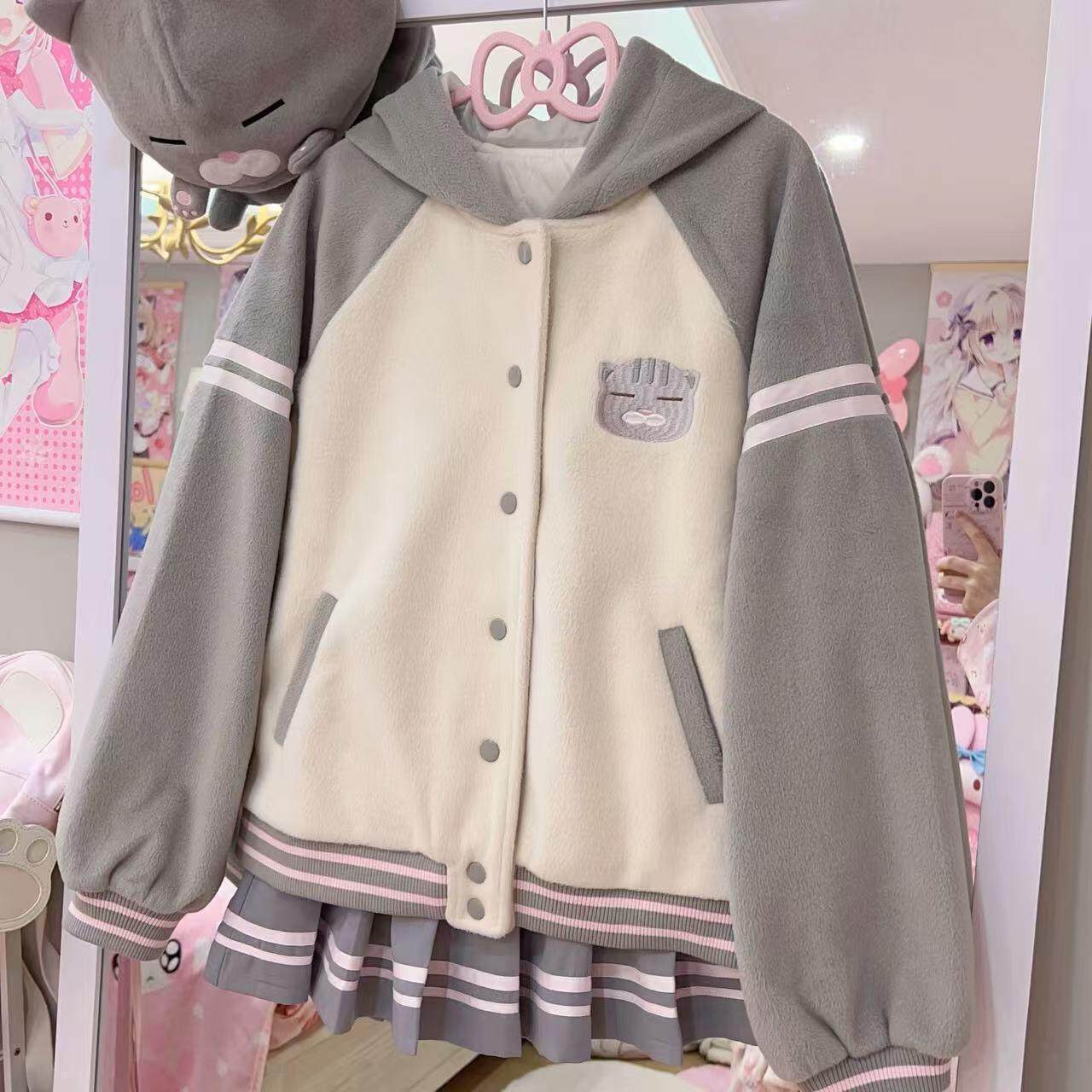 日系丧猫可爱软糯拼色毛呢棒球服女秋冬宽松休闲百搭夹克上衣外套