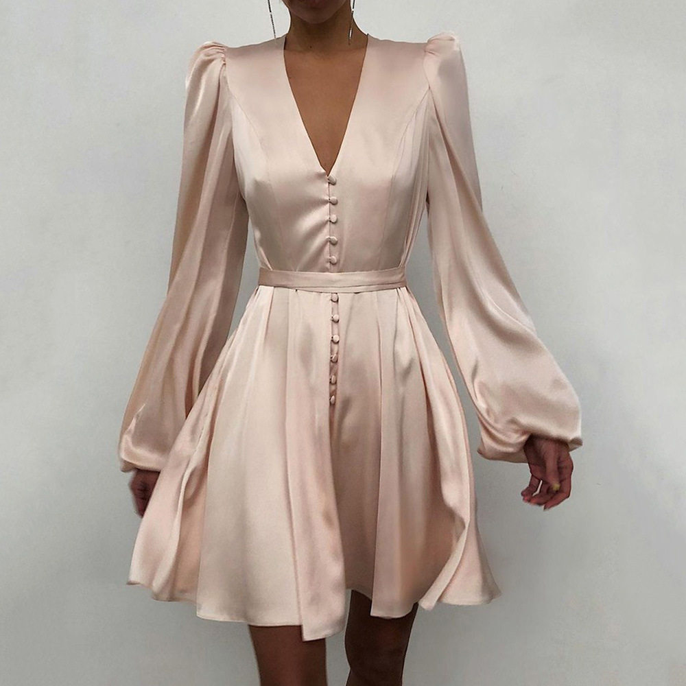 气质V领灯笼袖走秀连衣裙女2022women satin silk dress dresses