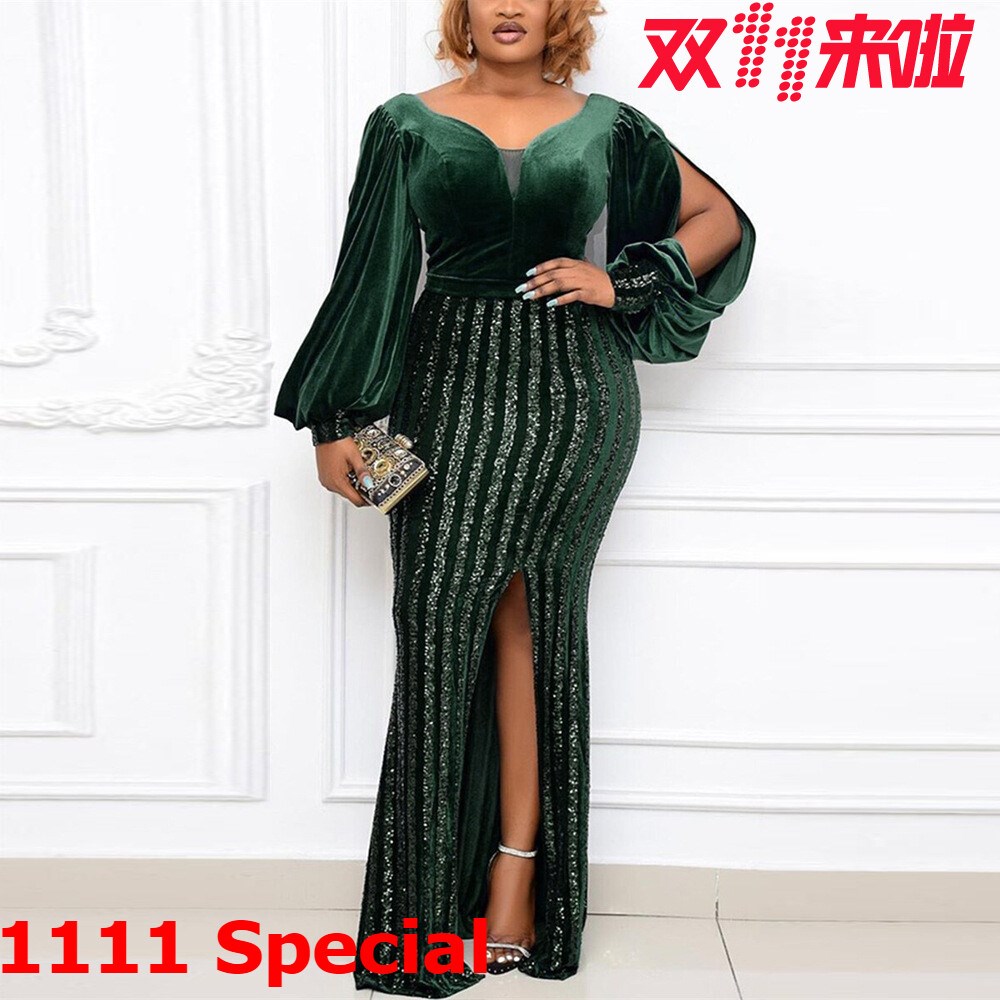 L-5XL Large ladies velvet party evening gown大码女聚会晚礼服