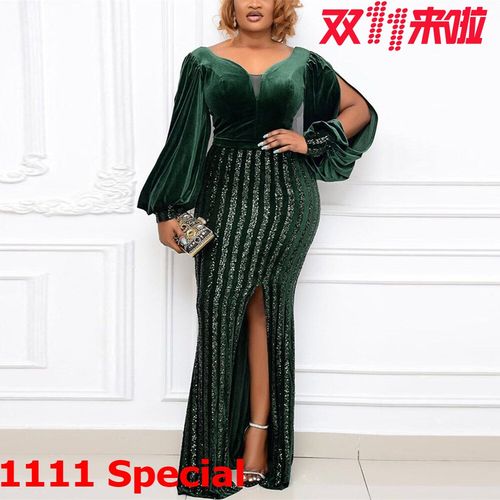 L-5XL Large ladies velvet party evening gown大码女聚会晚礼服