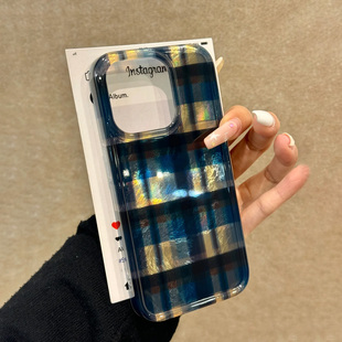 复古蓝格适用苹果16手机壳iPhone15promax晕染14新款 12华为mate60荣耀200小众vivox100小米13防摔oppo创意k70