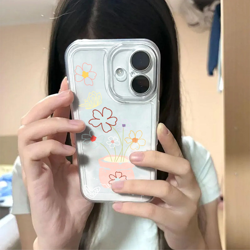涂鸦盆栽花朵适用苹果17手机壳iPhone15promax新款16华为p70荣耀300防摔13小米14透明vivo全包oppo软壳findx8