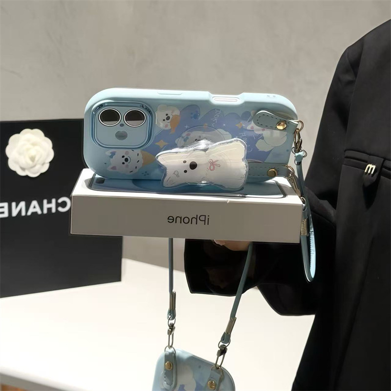 可爱小狗支架适用iphone16promax手机壳苹果17皮绳15华为p70卡通vivos20小米14金属胖妹oppo13红米k80荣耀12
