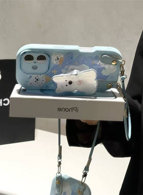 可爱小狗支架适用iphone16promax手机壳苹果17皮绳15华为p70卡通vivos20小米14金属胖妹oppo13红米k80荣耀12