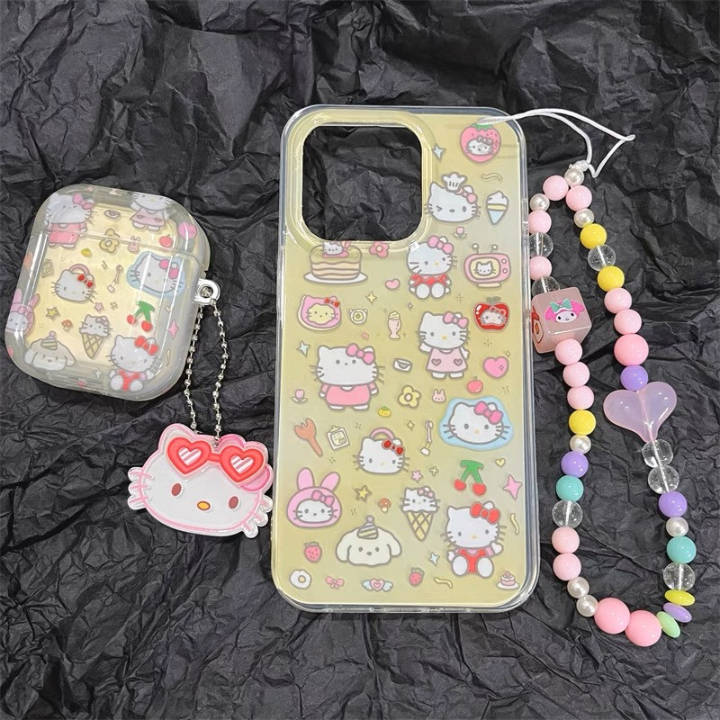 卡通奶黄kt猫拼图适用苹果13手机壳双层的iPhone14promax链条新款14pro女14硅胶13Promax创意11全包12防摔套
