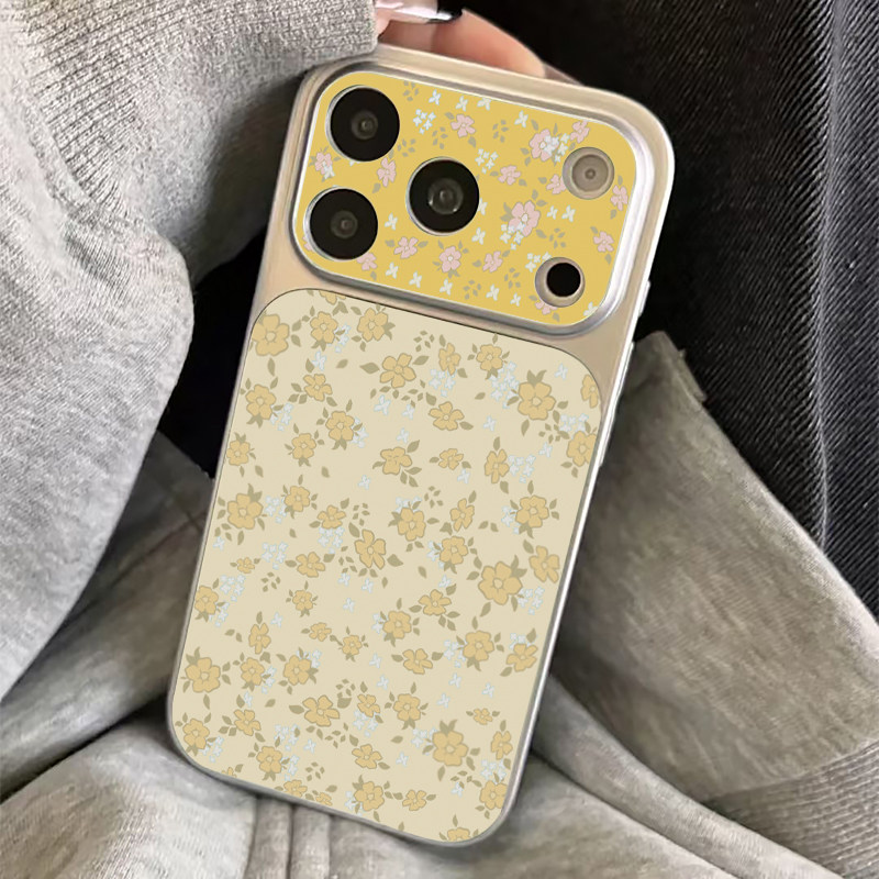 奶黄碎花适用苹果16promax手机壳iPhone15新款13华为mate80荣耀p70电镀秒变壳opporeno15小米17pro卡通红米14