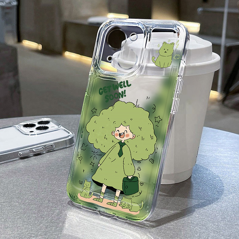 绿色元气女孩适用苹果16pro手机壳iPhone15promax新款13华为mate60荣耀200/12小米14透明vivo全包oppo软壳k70