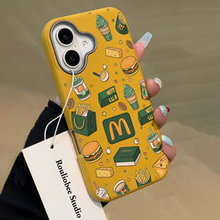 ins绿色汉堡适用苹果16promax手机壳16新款 iphone15promax创意麦门13皮纹金属框14PRO防摔12小众11全包女多色