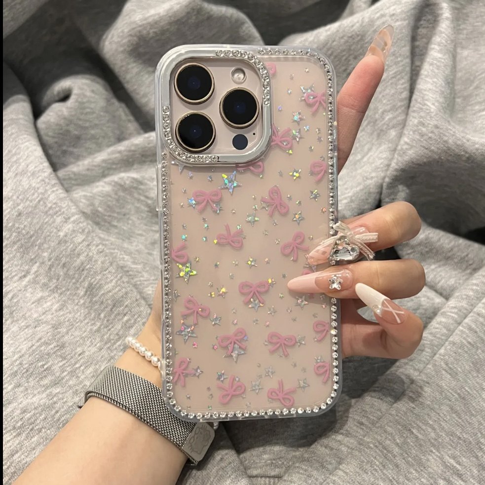 闪钻ins粉蝴蝶结少女适用iPhone15promax手机壳苹果14pro新款16promax高级感13轻奢12保护套11硅胶防摔15plus