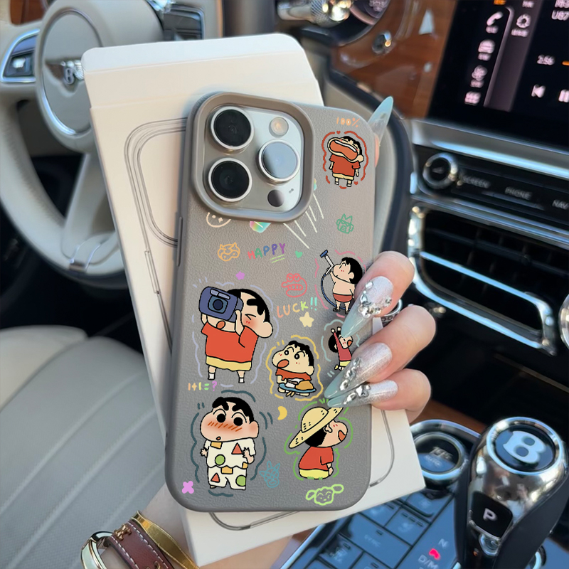 ins可爱小新插画卡通适用苹果16promax手机壳iPhone14女新款13皮质12趣味11小众荔枝纹15Pro防摔14pro保护套